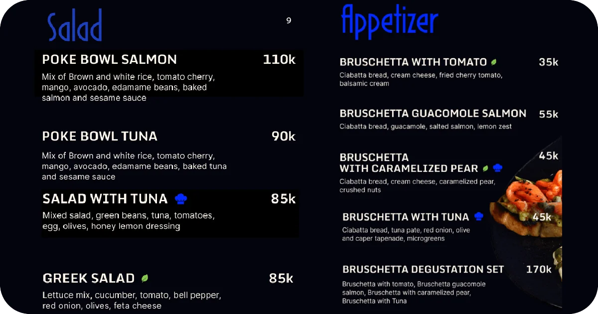 9. Salad and appetizer menu with poke bowls and bruschetta
