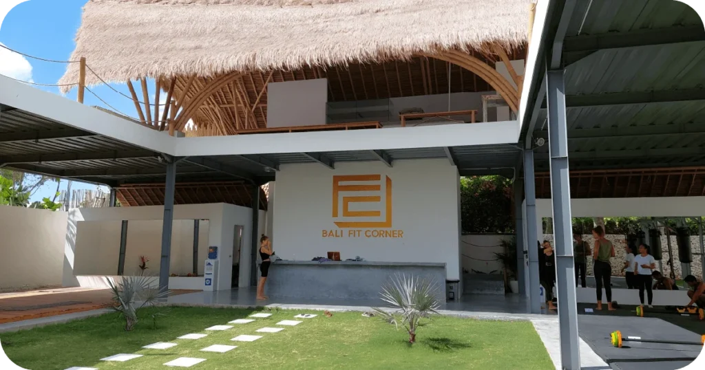 Bali Fit Corner entrance with thatched roof and open courtyard