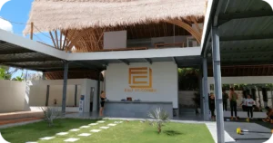 Bali Fit Corner entrance with thatched roof and open courtyard