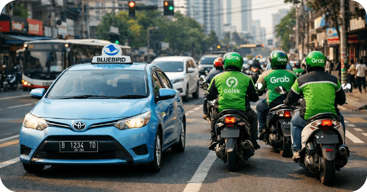 Bluebird taxi beside Grab and Gojek riders at intersection
