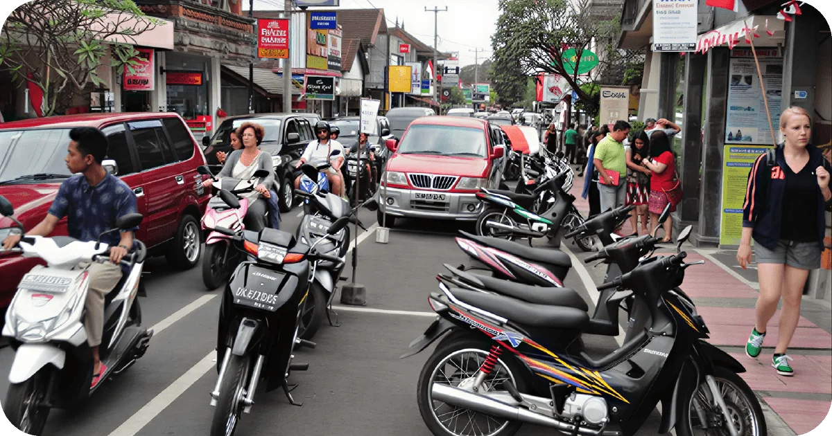 Busy street with parked scooters, shops, and mixed pedestrian traffic