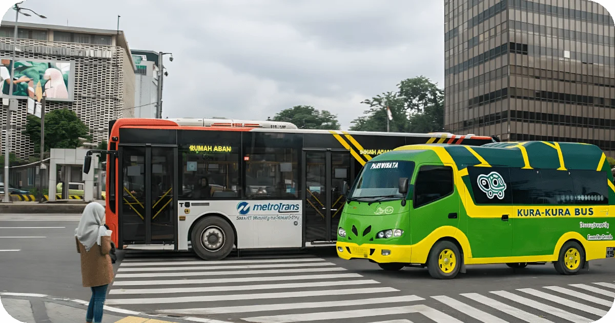 City buses at crosswalk, including green Kura-Kura Bus
