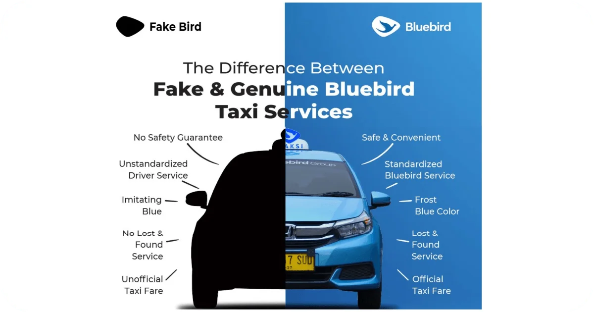 Comparison chart of fake versus genuine Bluebird taxi services