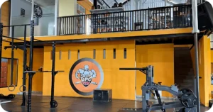 DFC Gym Review: interior with squat racks, mezzanine and plyo box