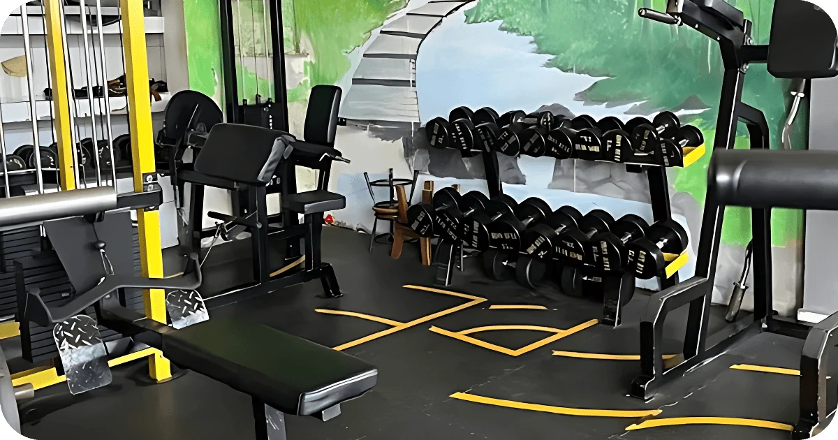 Dumbbell rack and isolation machines beside mural-painted wall