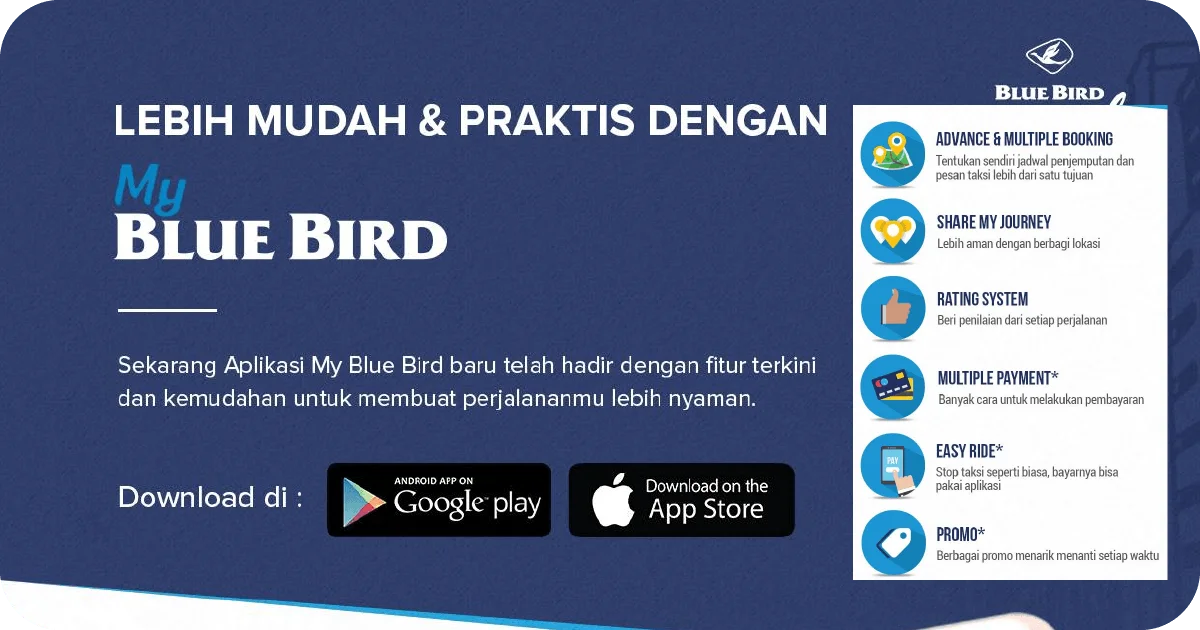 My Blue Bird app promo with feature list and download badges