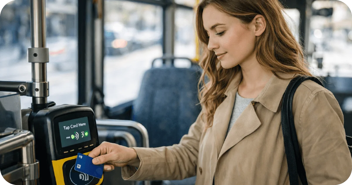Passenger tapping contactless card on onboard bus fare reader