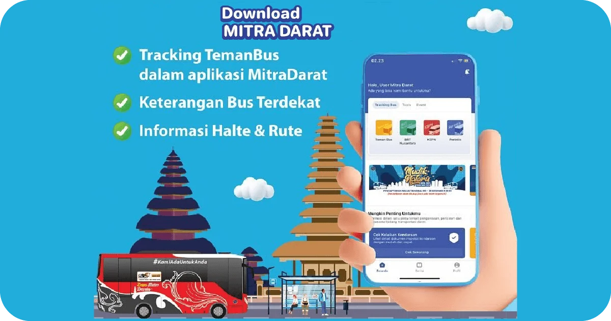 Promotional graphic showing transit app with bus stop illustration