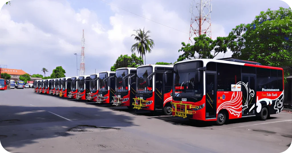 Public Transport in Bali: Row of red buses with yellow bike racks parked at depot