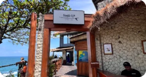 Single Fin entrance gate overlooking sea walkway