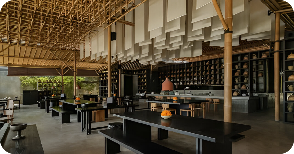 Spacious dining room with bamboo ceiling, hanging panels, communal tables