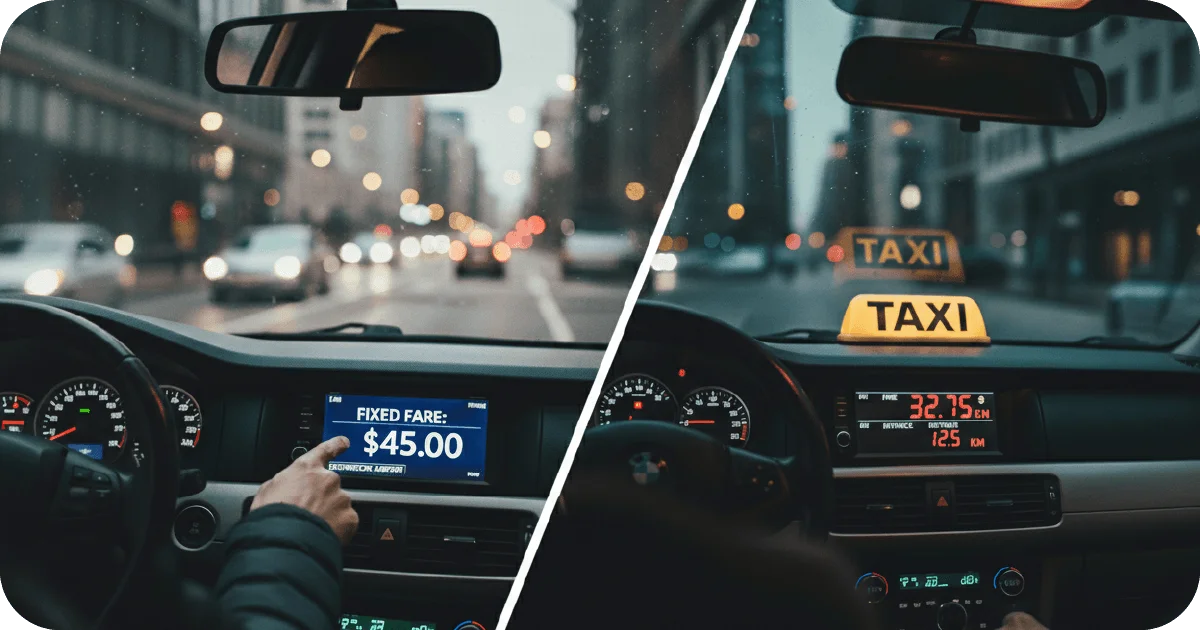 Split view fixed fare $45 display versus traditional taxi meter