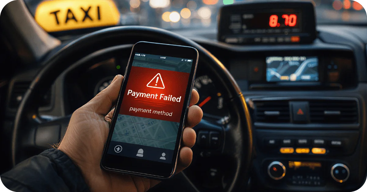 Taxi interior with smartphone showing payment failed alert