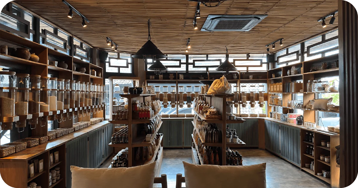 Zero-waste pantry section lined with dispensers and neatly stocked goods