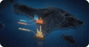 Bali Real Estate: 3D Bali map highlighting Seseh, Canggu, and Uluwatu with bar charts