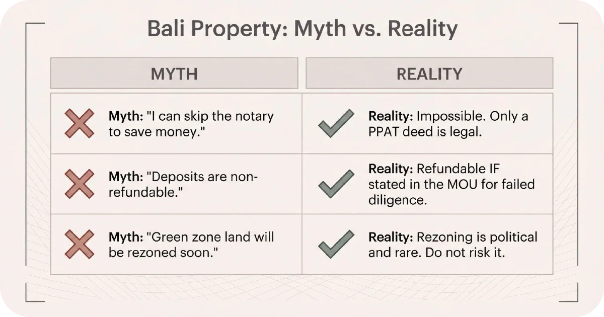 Bali property myths versus realities comparison chart