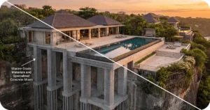 bali villa construction: Cliffside villa with infinity pool and marine-grade reinforced concrete supports
