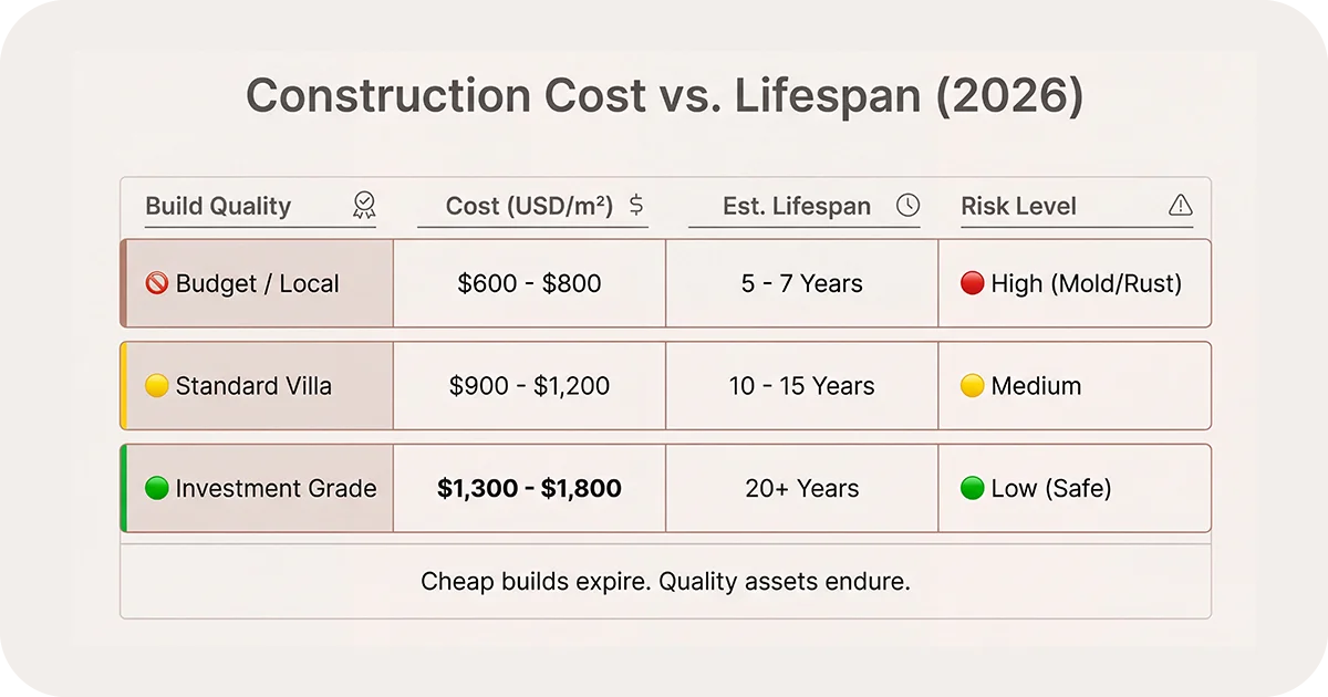 Construction cost versus lifespan table comparing budget, standard, investment grades