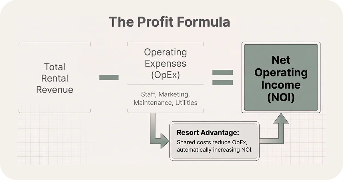 Diagram showing rental revenue minus operating expenses equals net operating income