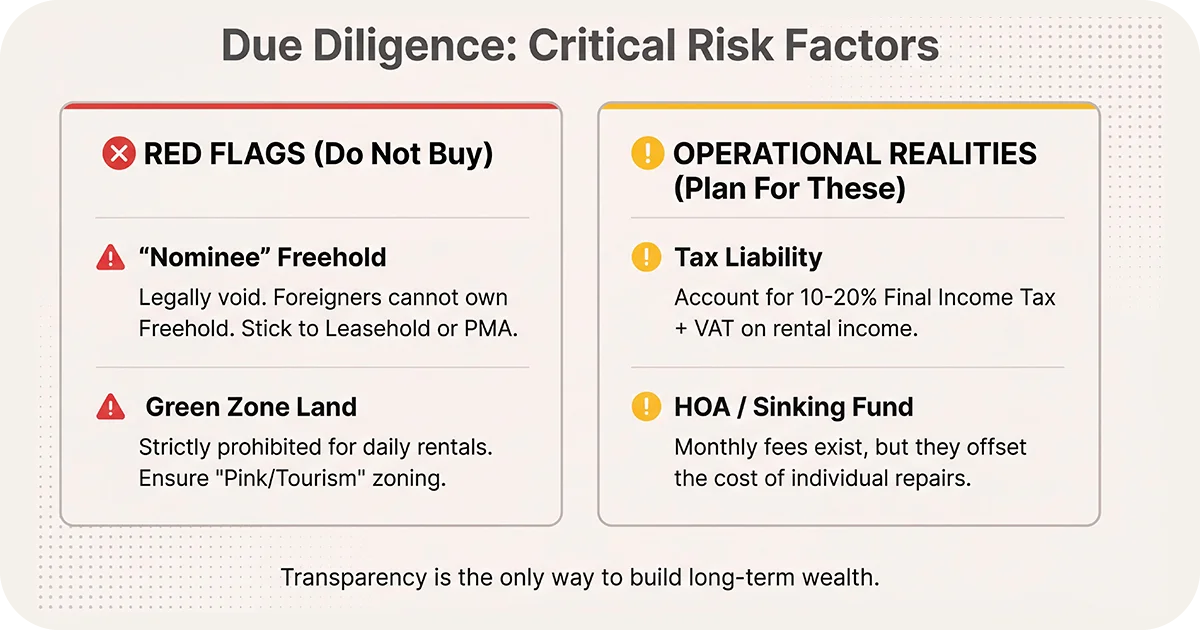Due diligence infographic outlining red flags, taxes, zoning, and HOA considerations