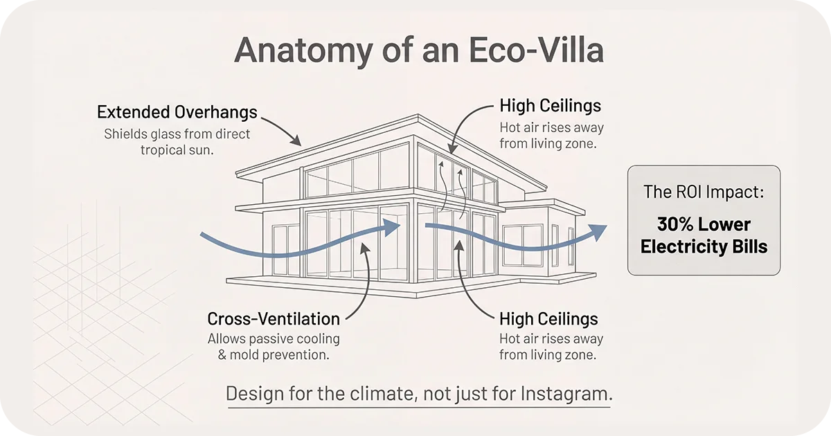Eco-villa diagram showing overhangs, cross-ventilation, high ceilings benefits