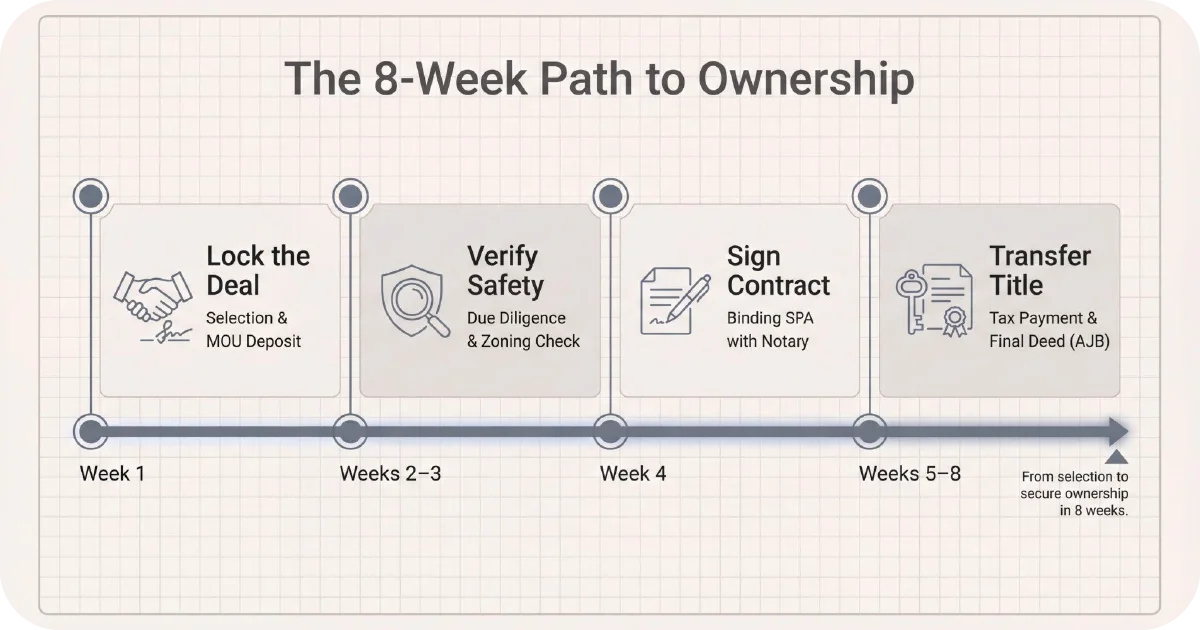 Eight-week ownership timeline from deposit to title transfer