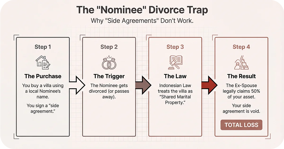 Flowchart explaining the Nominee Divorce Trap and total loss