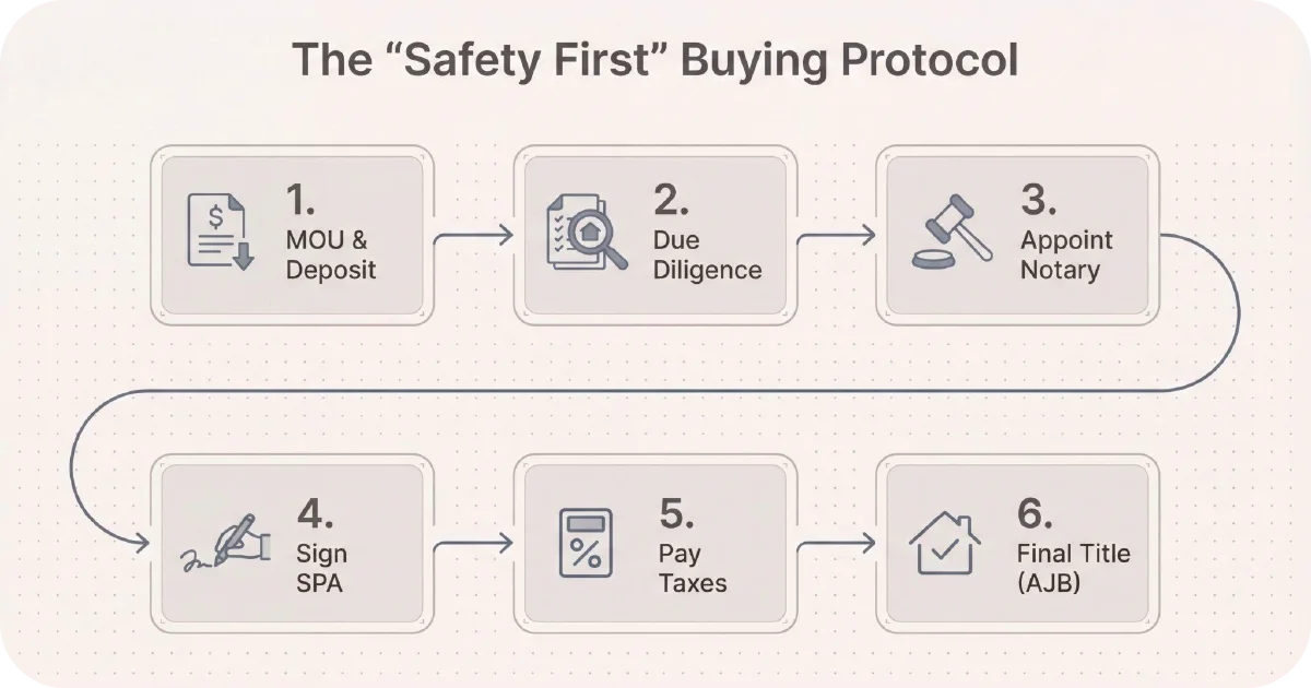 Flowchart showing six-step buying protocol from deposit to final title