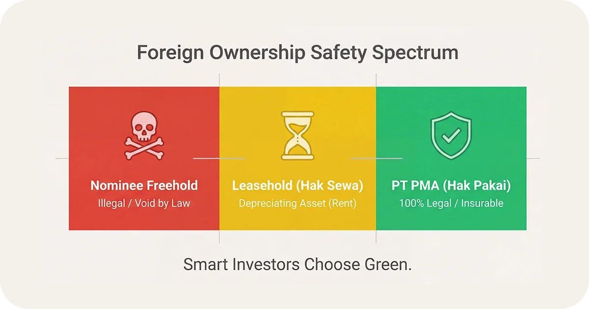 Foreign ownership safety spectrum comparing nominee, leasehold, and PT PMA