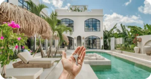 how to buy property in bali: Hand holding keys before modern villa with pool and cabanas