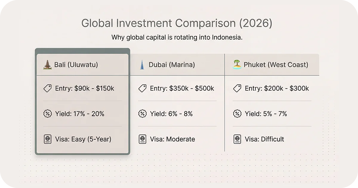 Investment comparison chart Bali, Dubai, Phuket entry costs, yields, visas