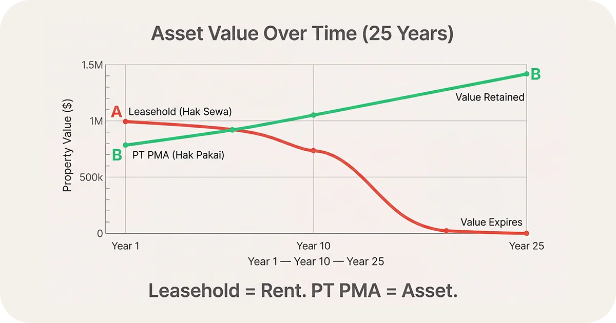 Line chart showing asset value over 25 years, leasehold vs PT PMA