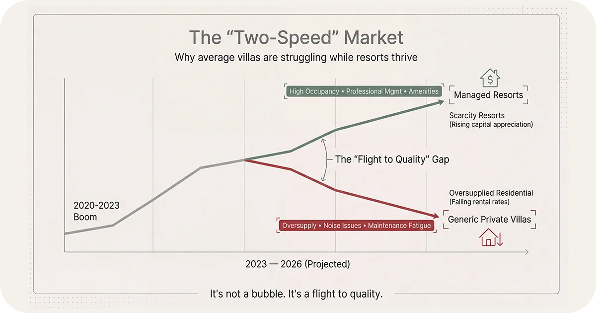 Line chart showing resorts rising and private villas declining 2023–2026
