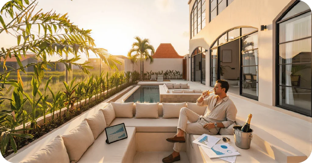 Buying Property in Bali: Man relaxing with champagne in sunken patio beside modern villa pool
