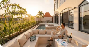Buying Property in Bali: Man relaxing with champagne in sunken patio beside modern villa pool