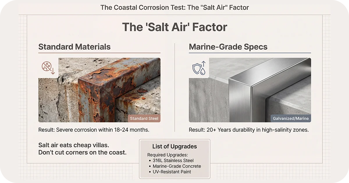 Salt air factor comparison rusted standard materials vs marine-grade durability