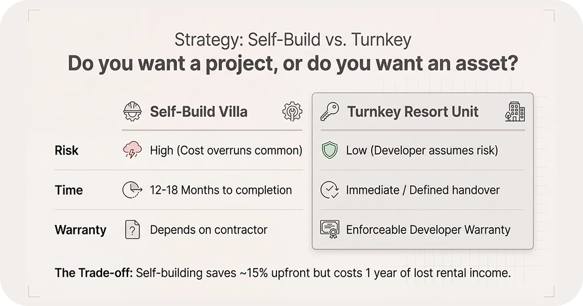 Self-build villa versus turnkey resort unit risk, time, warranty