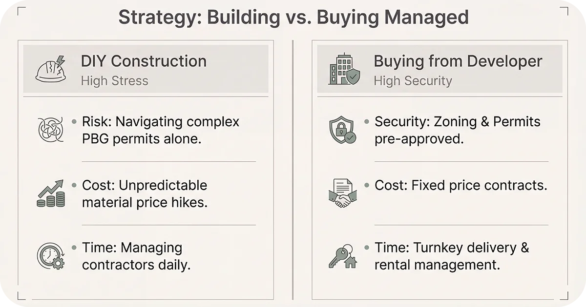 Side-by-side comparison of DIY construction risks versus buying from developer