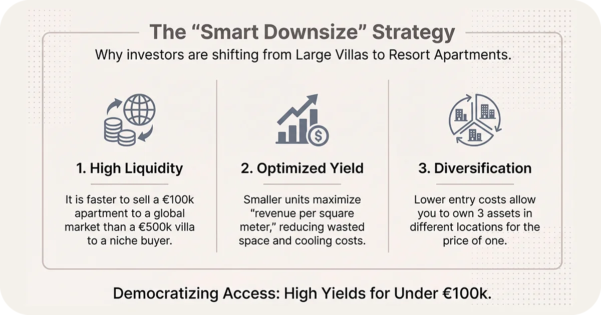 Smart downsize strategy infographic highlighting liquidity, optimized yield, and diversification