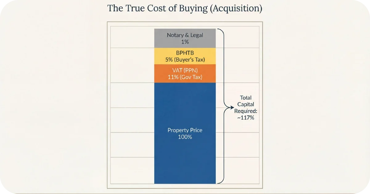 Stacked bar showing true acquisition cost including VAT, BPHTB, legal