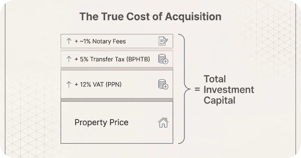Total acquisition cost breakdown including notary, transfer tax, and VAT