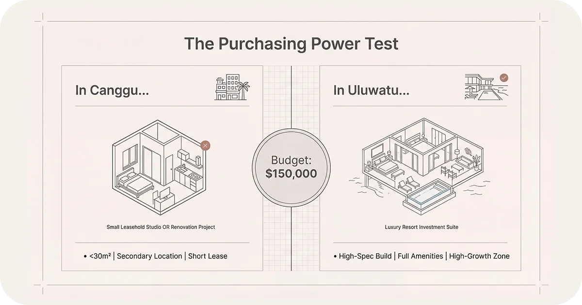 $150,000 budget comparison small Canggu studio vs Uluwatu resort suite