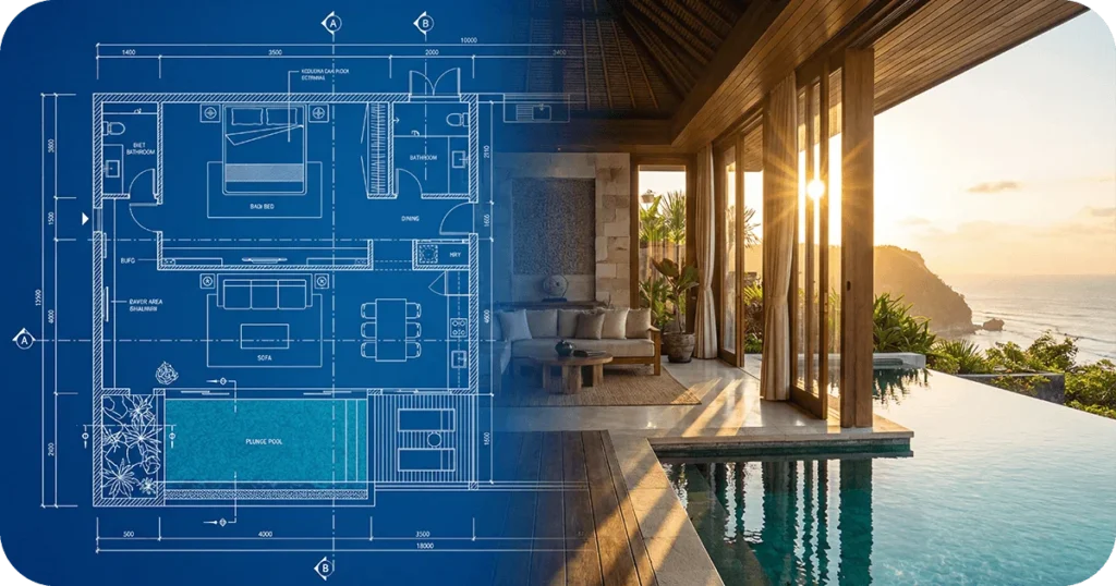 Is buying property in Bali a good Investment: Blueprint overlay beside tropical villa with infinity pool and ocean view