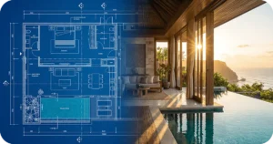 Is buying property in Bali a good Investment: Blueprint overlay beside tropical villa with infinity pool and ocean view