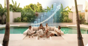 Bali Property Investment Report: COCO courtyard pool with sunken lounge, tropical plants, guests sipping drinks