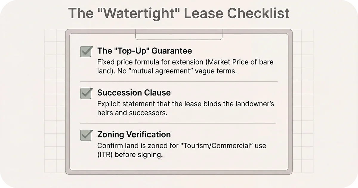Checklist for strong lease top-up guarantee, succession clause, zoning verification