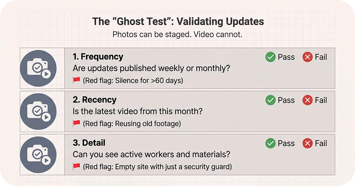 Checklist infographic on validating updates via frequency, recency, and detail