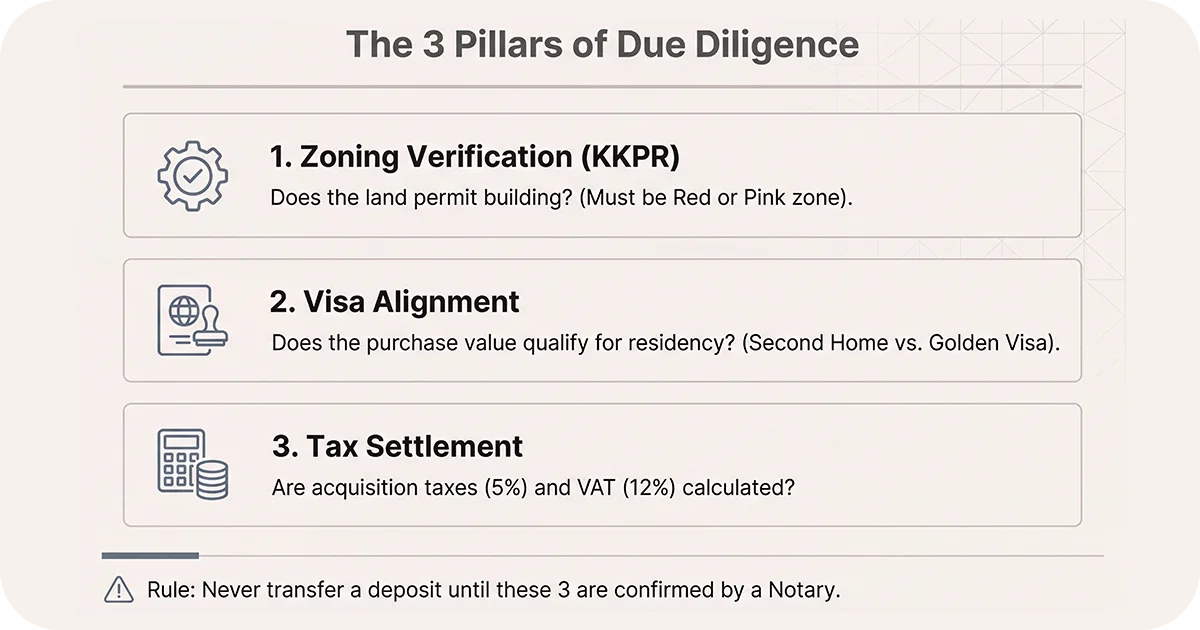 Checklist of three pillars zoning verification, visa alignment, tax settlement