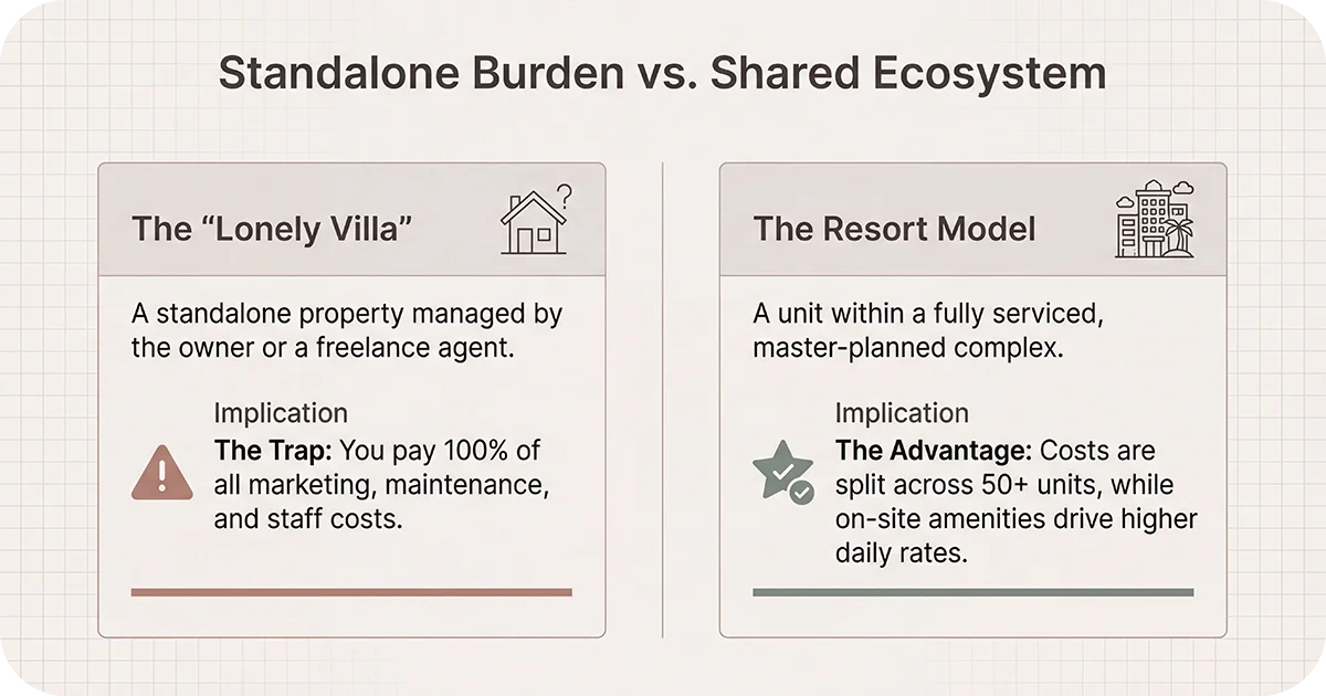 Compare standalone villa costs vs resort model shared amenities