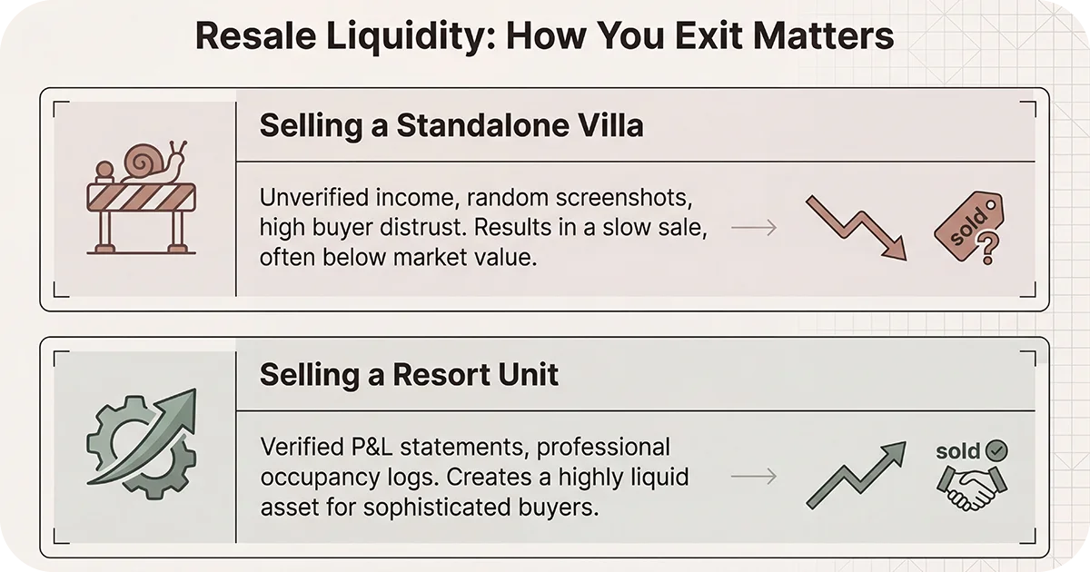 Comparison of resale liquidity standalone villa vs resort unit